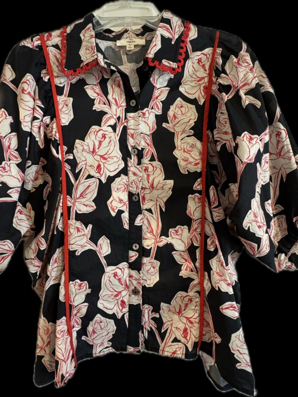 Entro top black floral print with red scalloped trim Sz Small